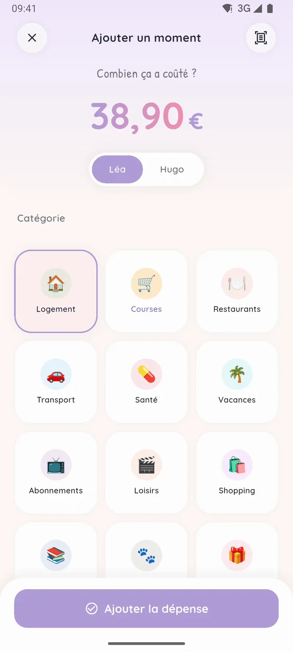 Ajout d'une dépense de 38,90 € en catégorie Courses